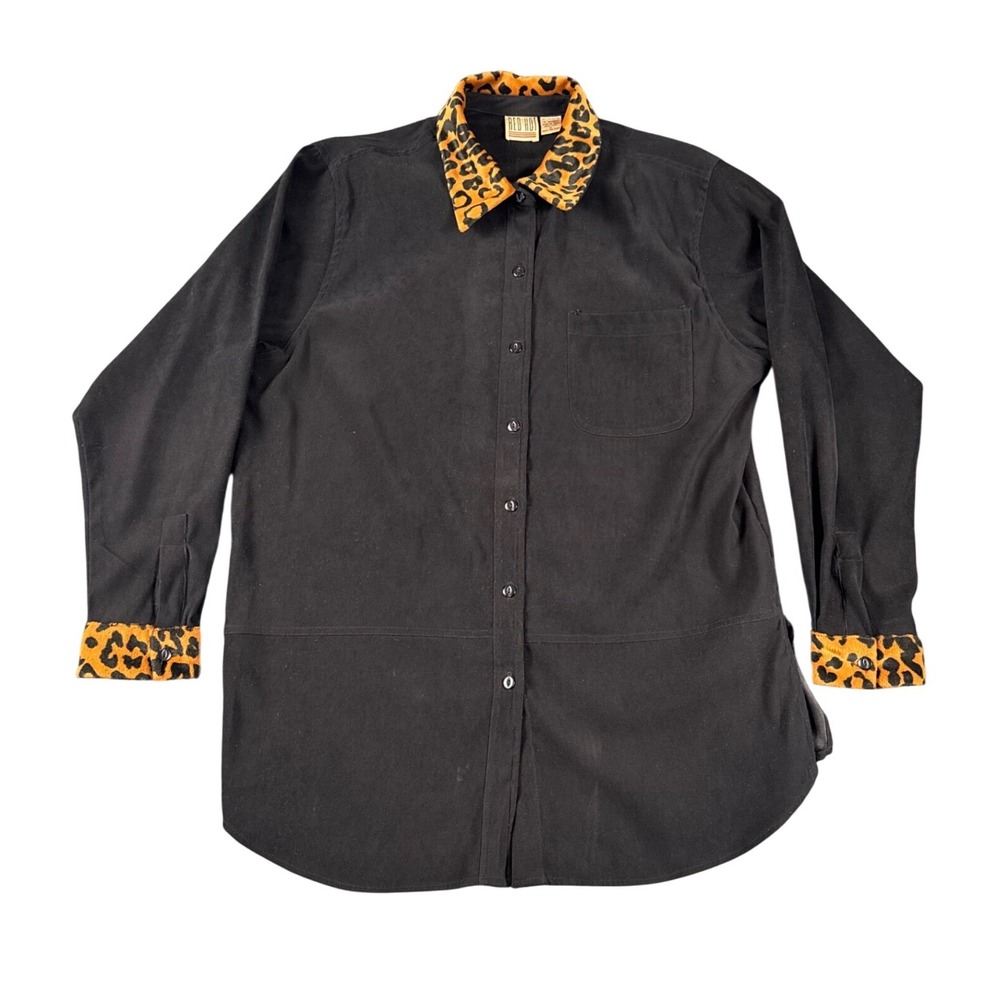 Red Hot Women XL Black Button Down Shirt Leopard Faux Fur Collar Cuffs 90s Style